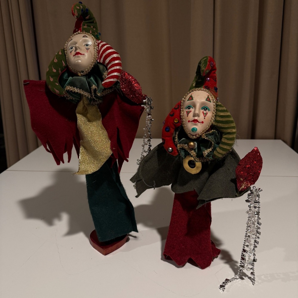 Set of 2 Vintage Jester‎ Clown Figures Handmade Festive Holiday Decor